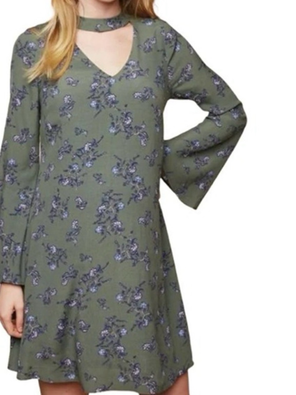 Motherhood Olive Green Floral Bell Sleeve V-Neck Choker Dress
